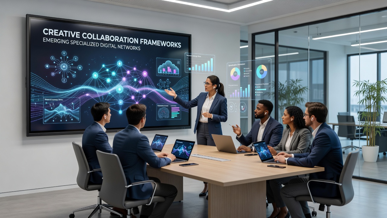 Visual of team members collaborating via digital interfaces in a specialized creative network