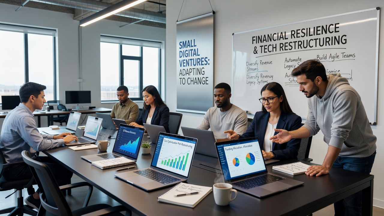 Financial charts and graphs displayed on a laptop screen illustrating revenue recovery trends for digital startups post-restructuring
